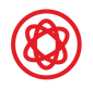 a red icon of an atom in a red circle